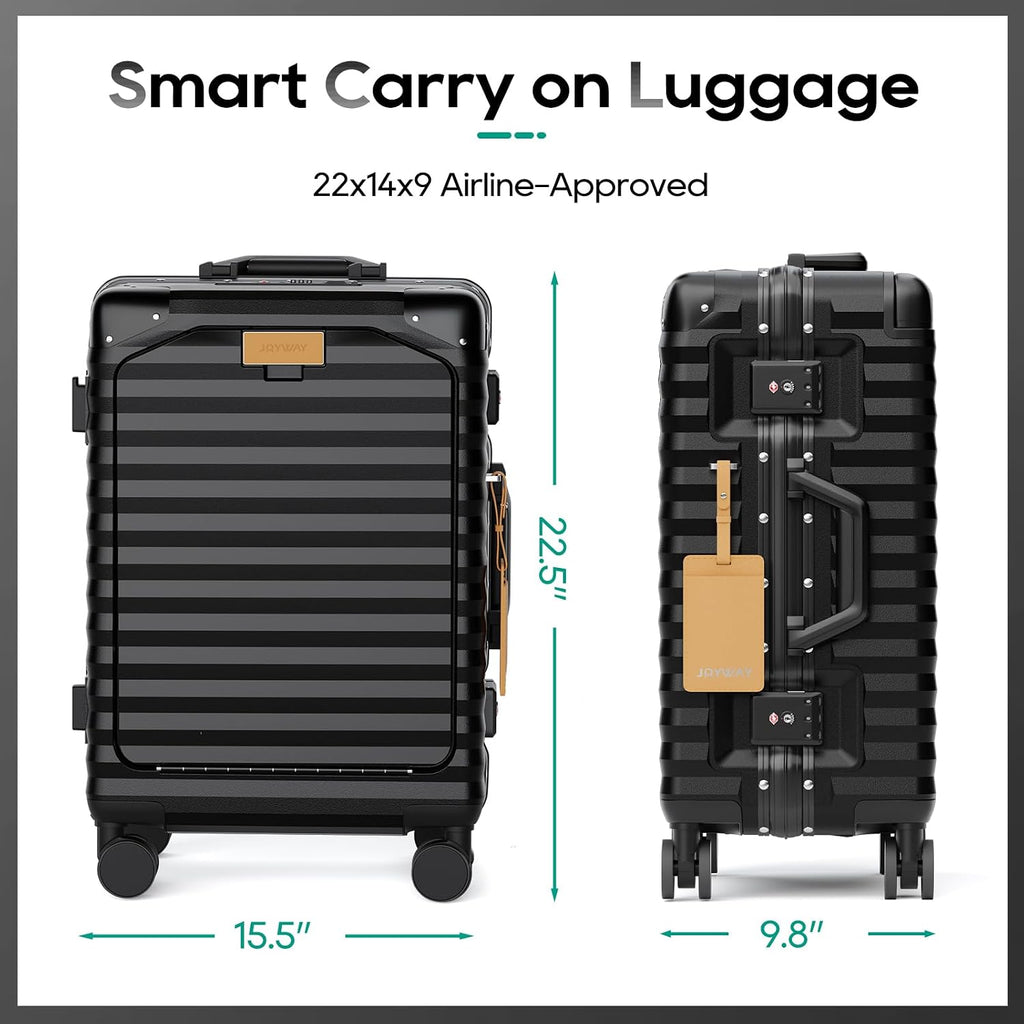 Joyway 20 Inch Carry on Luggage with Aluminium Frame and Front Pocket, PC Hardshell Suitcase with USB Port and Cup Holder, 21.5x14.2x9 Airline Approved, Luggage with Spinner Wheels and TSA Lock(Black)