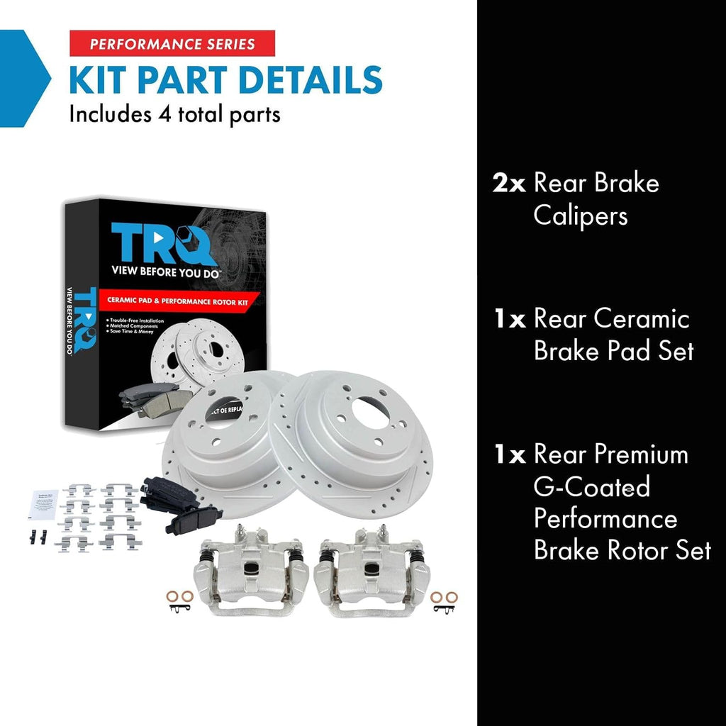 TRQ Performance Rear Brake Pad and Rotor Set Ceramic Solid G Coated Rotors Calipers Compatible with 1998-2003 Subaru Forester 1999-2003 Impreza