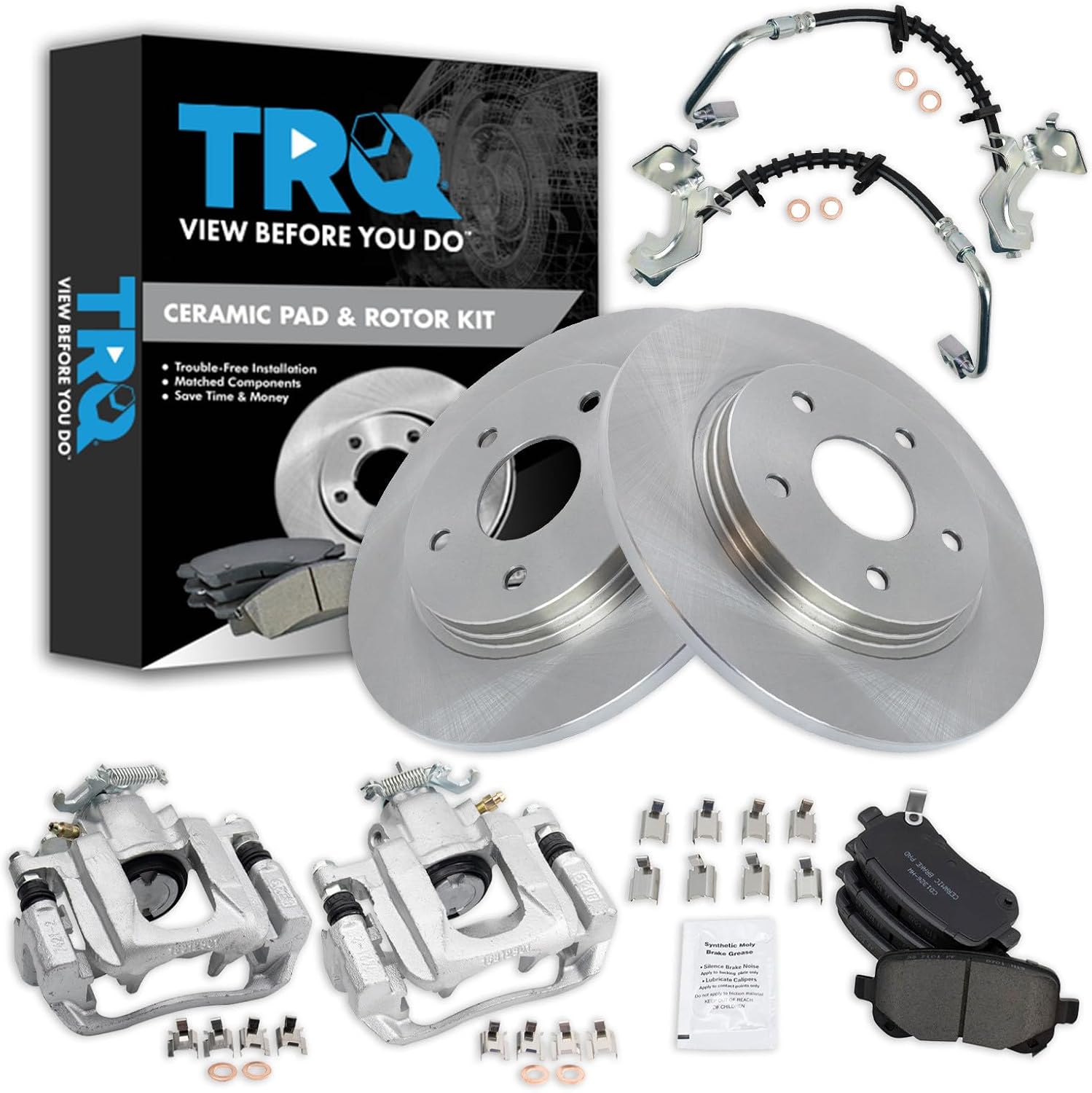 TRQ Rear Brake Pad and Rotor Set Ceramic Rotors Calipers Hoses Compatible with 2008-2011 Chrysler Town & Country 2008-2011 Grand Caravan 2009-2011 Volkswagen Routan
