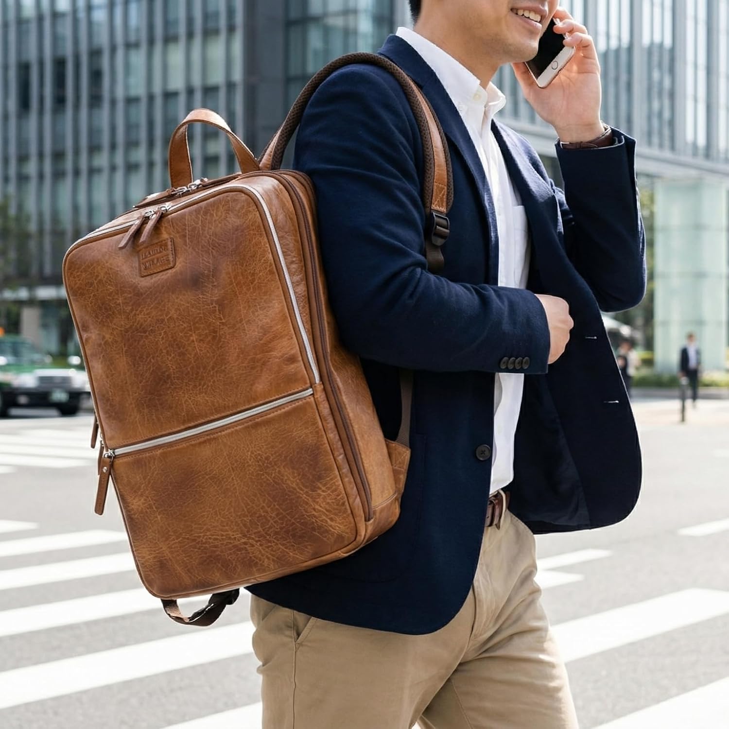 LEATHER VILLAGE Leather Laptop Backpack for Men | Camel Brown | Slim Professional Business Bag Fits 15.6'-Laptop | Water-Repellent Work & Travel Daypack with Trolley Strap