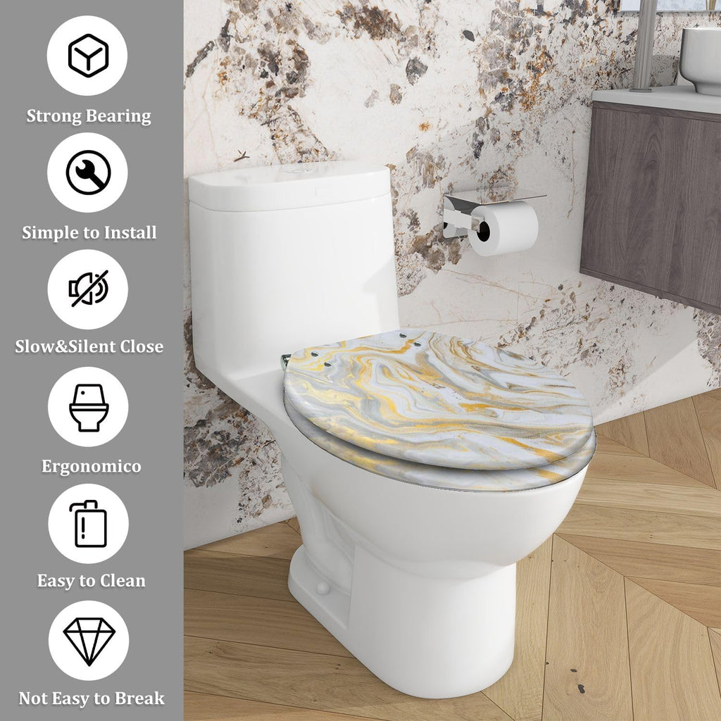 Elongated Toilet Seat marble ink paper texture white silver gold Resin Toilet Seat Quietly Close Quick Release Hinges Decorative Toilet Seat with Cover Easy to Install, Style 2