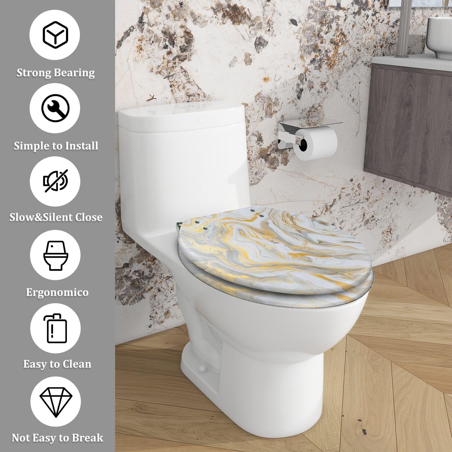 Elongated Toilet Seat marble ink paper texture white silver gold Resin Toilet Seat Quietly Close Quick Release Hinges Decorative Toilet Seat with Cover Easy to Install, Style 2
