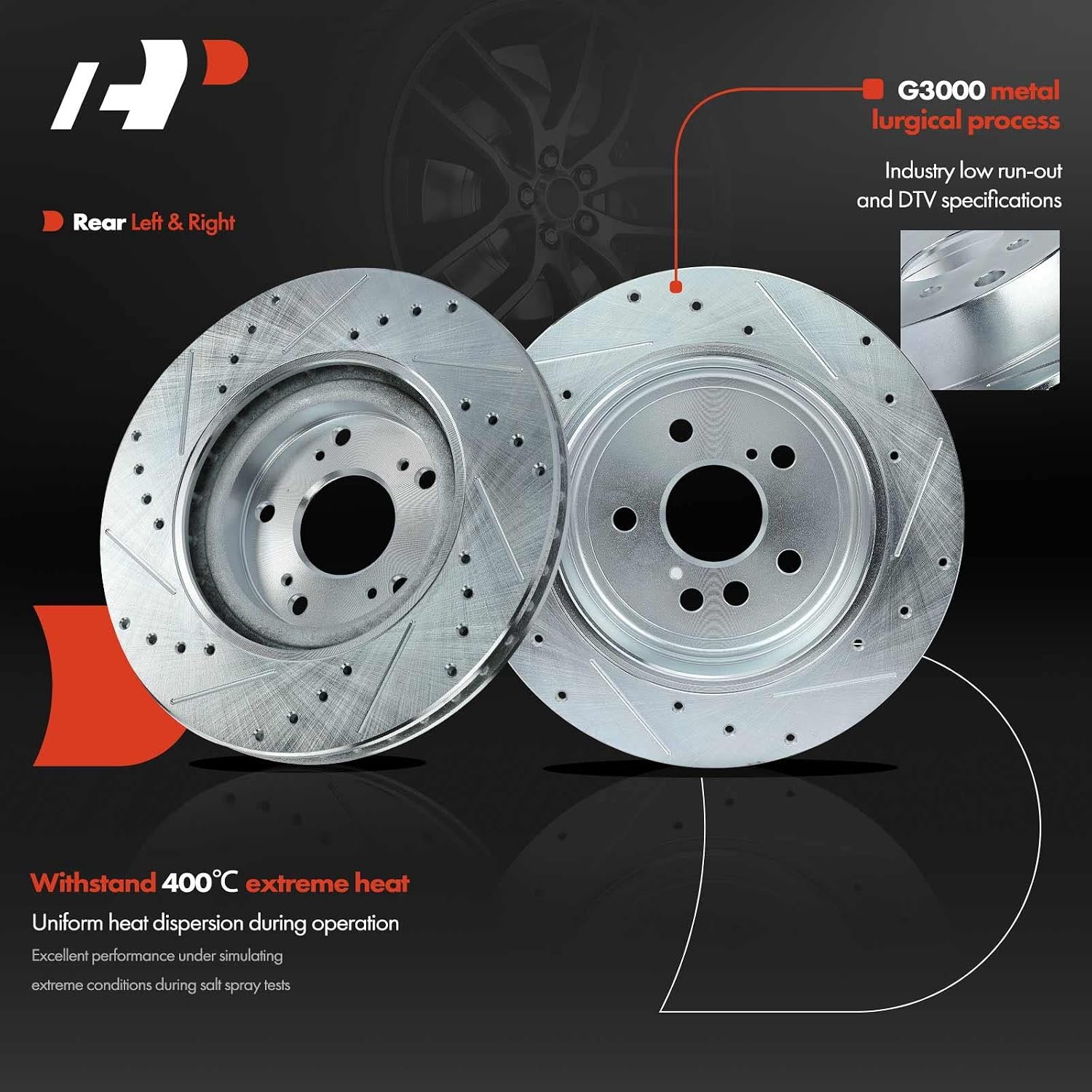 A-Premium 11.92 inch (303mm) Rear Drilled and Slotted Disc Brake Rotors + Ceramic Pads Kit Compatible with Select Toyota Models - RAV4 2004-2005, L4 2.4L, 6-PC Set