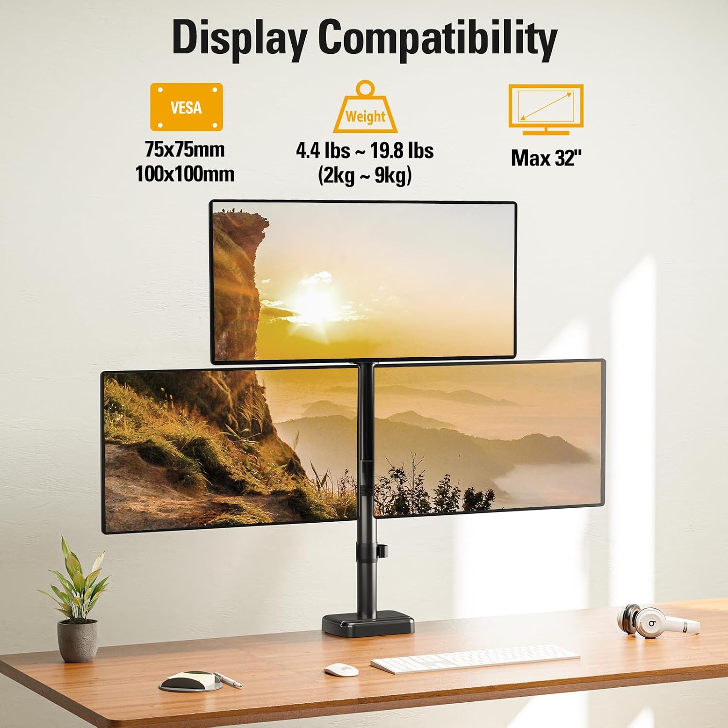 Triple Monitor Mount Fits Max 32 Inch Computer Screen, 3 Monitor Desk Mount Holds Up to 19.8lbs, Heavy Duty Gas Spring Arm, 75x75/100x100 Vesa Mount with C-Clamp/Grommet Base