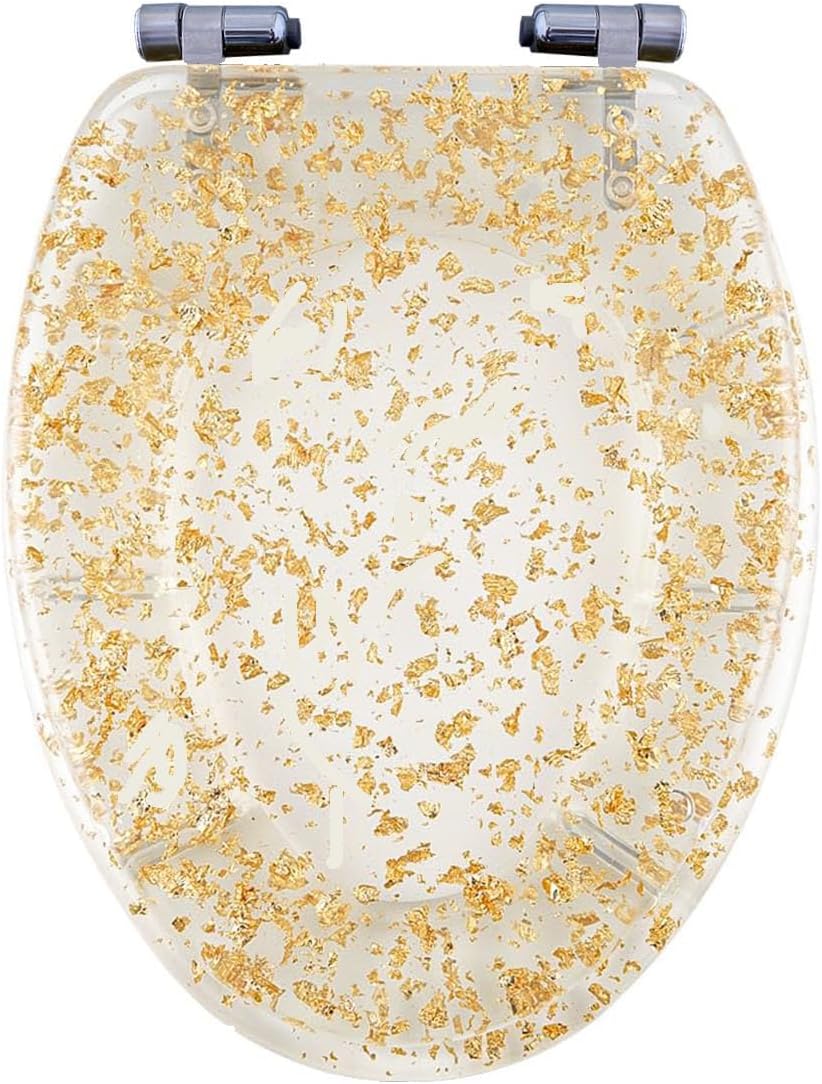 Glitter Toilet Seat Soft Close Elongated Toilet Seat 36.5 * 44Cm Resin Toilet Seat with Adjustable Hinges, Easy to Install Also Easy to Clean,Gold(Gold foil)