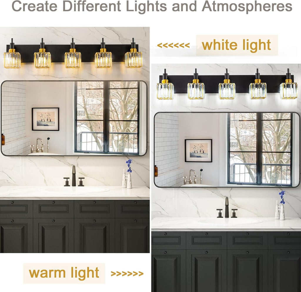 Modern Crystal Bathroom Vanity Light Black Gold 5-Lights Bathroom Lighting Fixtures Over Mirror, Brass Wall Light Fixtures