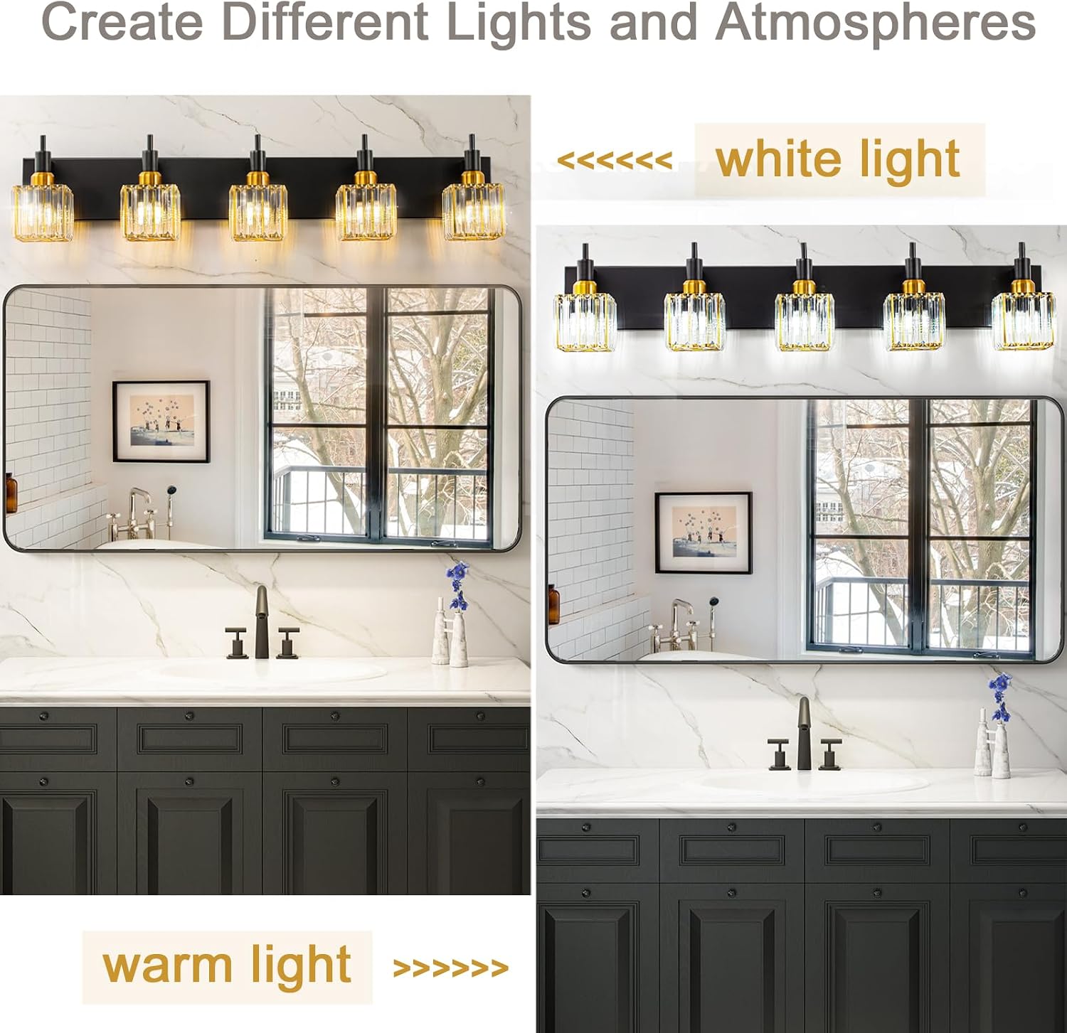 Modern Crystal Bathroom Vanity Light Black Gold 5-Lights Bathroom Lighting Fixtures Over Mirror, Brass Wall Light Fixtures