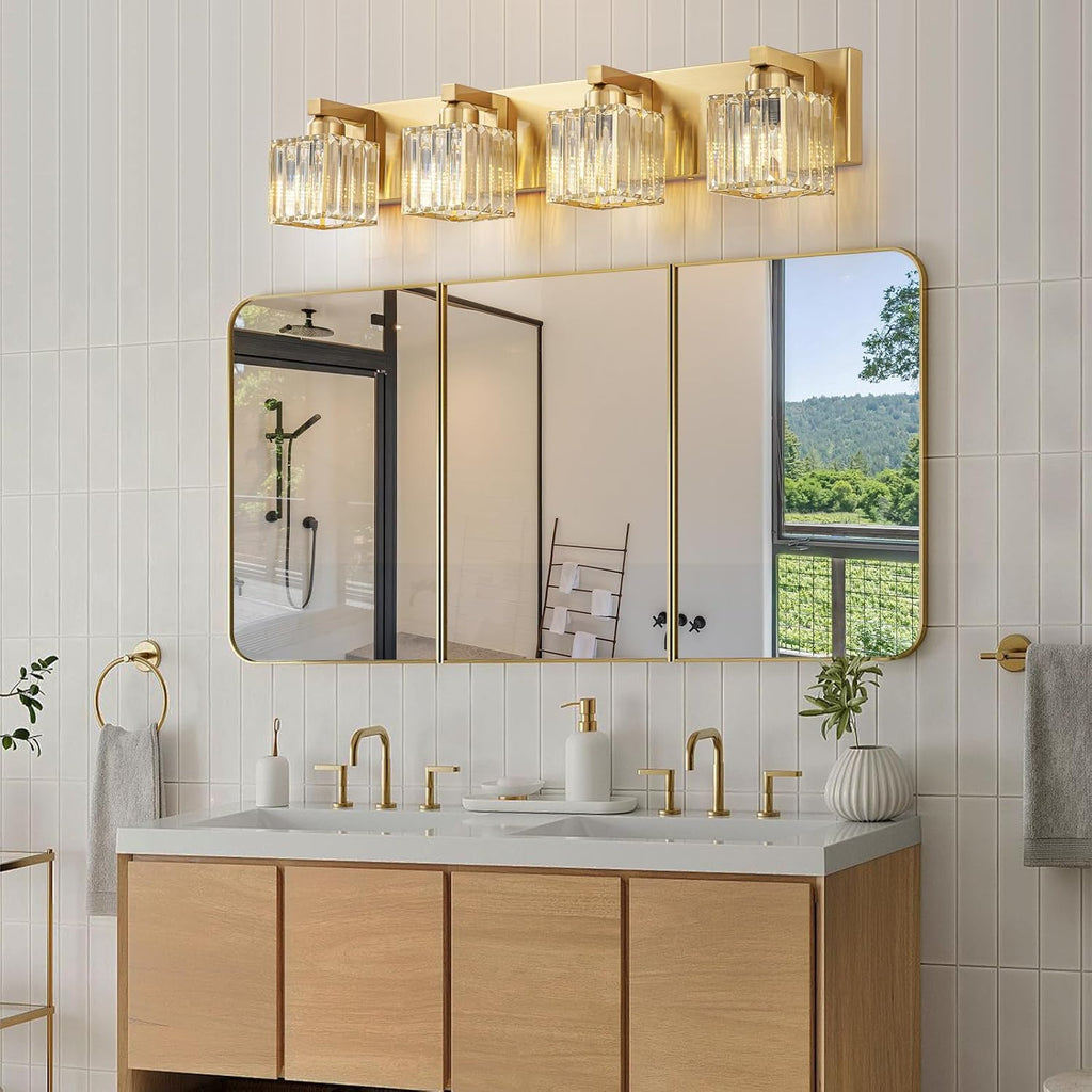 Gold Crystal Bathroom Vanity Lights, 4 Lights Bathroom Lighting Fixtures Over Mirror Modern Gold Crystal Bath Wall Light with Square Shade