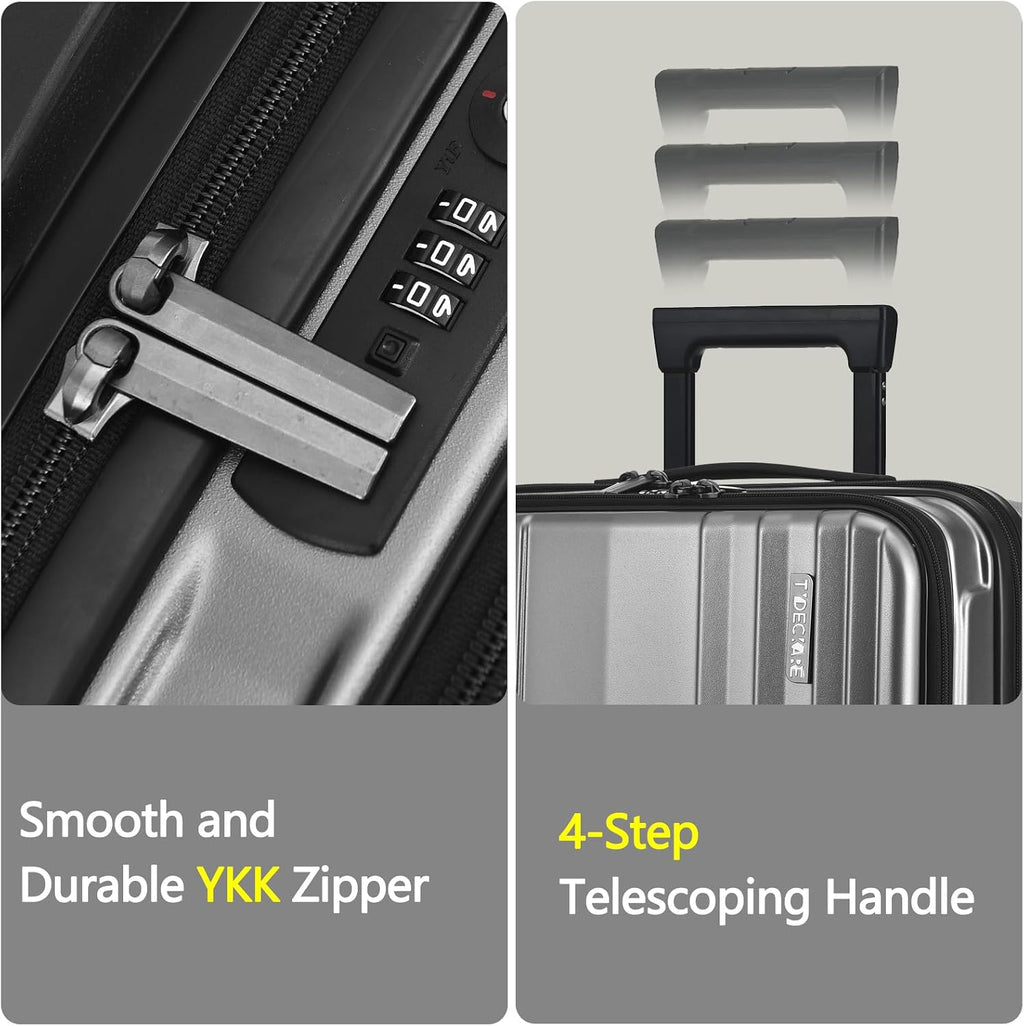 TydeCkare 16' Carry on Luggage with 2 Laptop Compartments, Lightweight Hardshell ABS+PC Suitcase with Dual Control TSA Lock, with YKK Zipper, 4 Spinner Silent Wheels, for Business Travel, Silver Grey