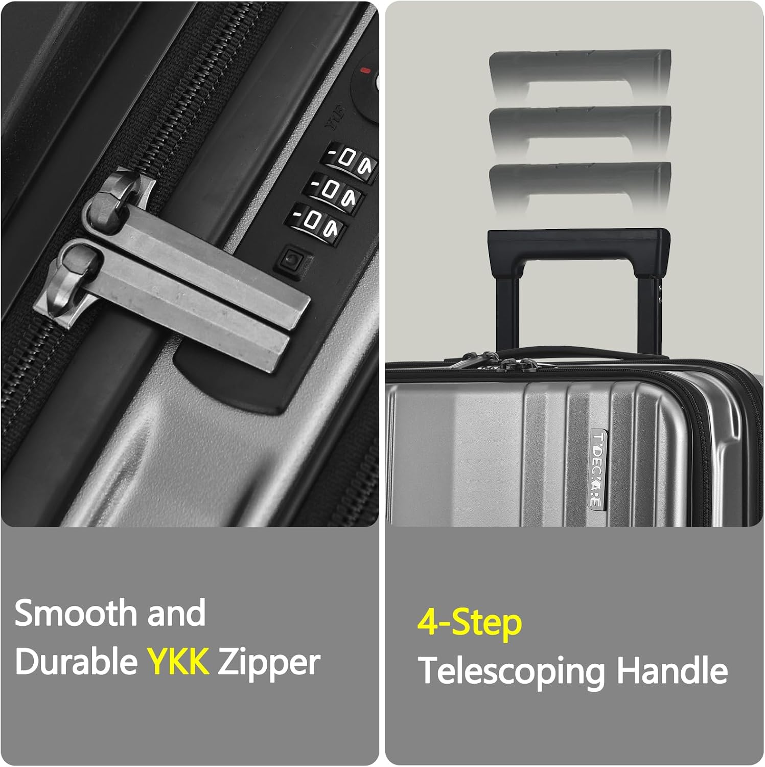 TydeCkare 16' Carry on Luggage with 2 Laptop Compartments, Lightweight Hardshell ABS+PC Suitcase with Dual Control TSA Lock, with YKK Zipper, 4 Spinner Silent Wheels, for Business Travel, Silver Grey