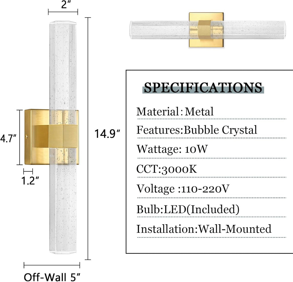 Set of 2 Gold LED Wall Sconce Lights Warm Light Modern Crystal Wall Lights Vanity Lighting Fixtures Sconces for Bathroom Living Room Bedroom Dining Room Hallway