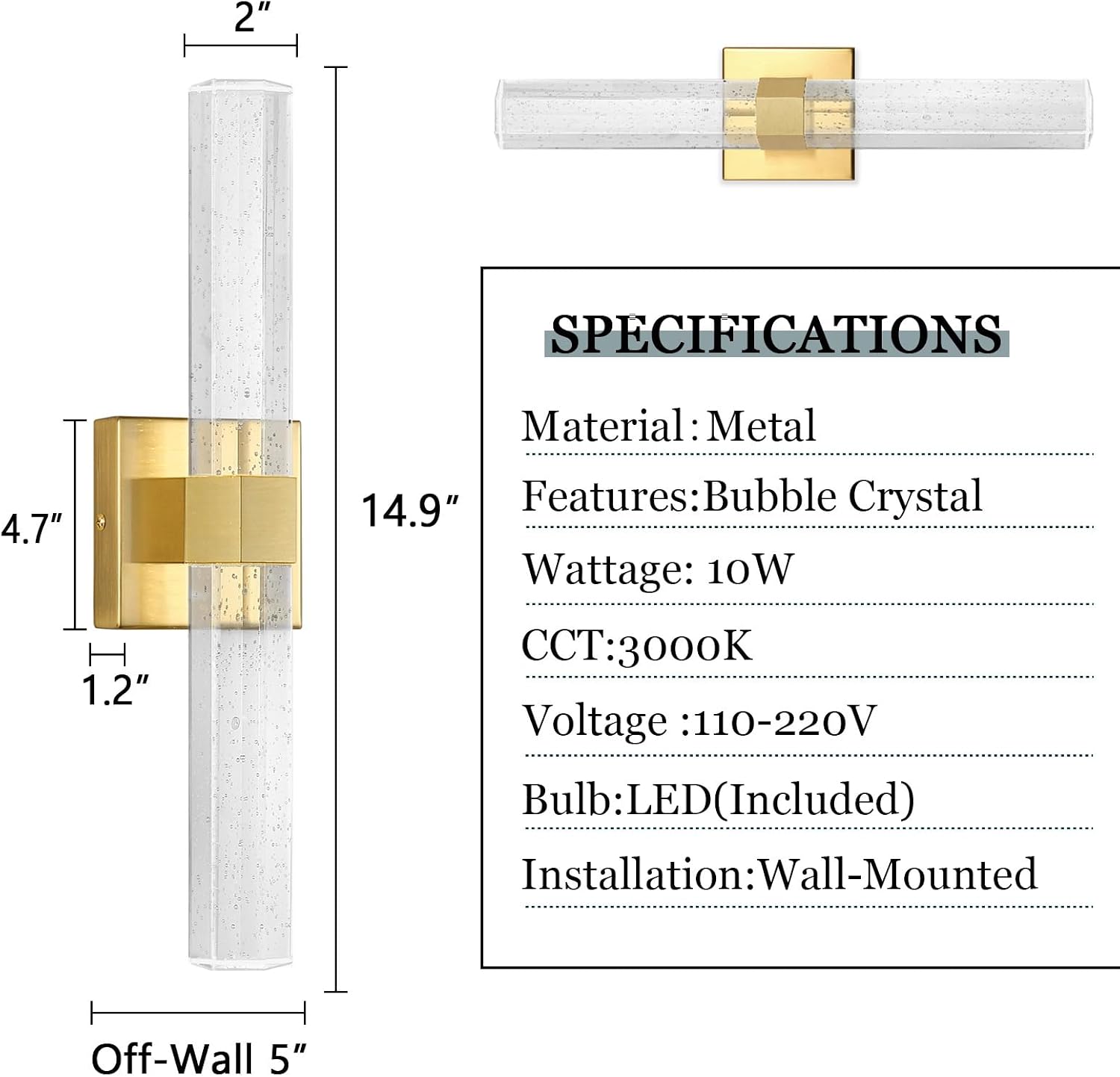 Set of 2 Gold LED Wall Sconce Lights Warm Light Modern Crystal Wall Lights Vanity Lighting Fixtures Sconces for Bathroom Living Room Bedroom Dining Room Hallway