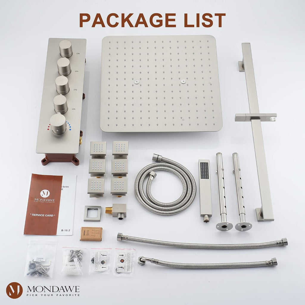 MONDAWE 16 Inch Thermostatic Shower System in Brushed Nickel, Ceiling Mounted Rain and Mist Shower Head with Handheld Spray and 6 Body Jets, High Pressure Bathroom Shower Faucet Set, Solid Brass Valve
