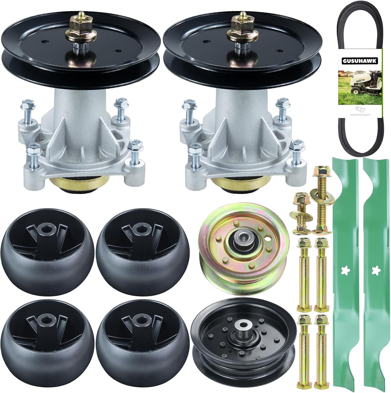 2 Pack 587819701 Spindle Assembly Kit with 197473 Spindle Pulley 196106 177968 Idler Pulley 532405380 Mower Blades 532174873 Deck Wheels 1/2x106 Belt for Husqvarna YTH22V46 Deck Rebuild Kit