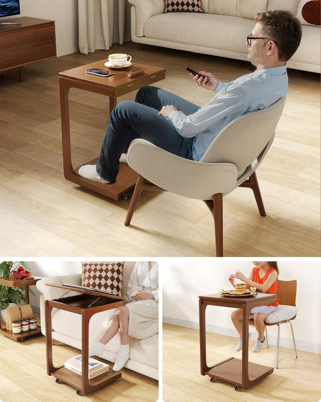 AQIMUELE Wooden C-Shaped End Table,Couch Table with Adjustable Desktop,Small Rolling Side Table with 2 Lockable Wheels,Small End Table for Couch, Living Room,Bedroom (Walnut)