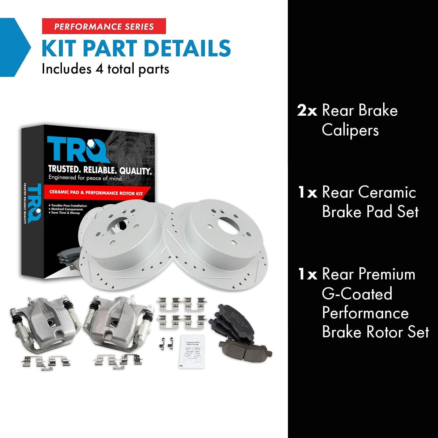 TRQ Performance Rear Brake Pad and Rotor Set Ceramic Coated Drilled Slotted Rotors Calipers Compatible with 2008-2013 Toyota Highlander