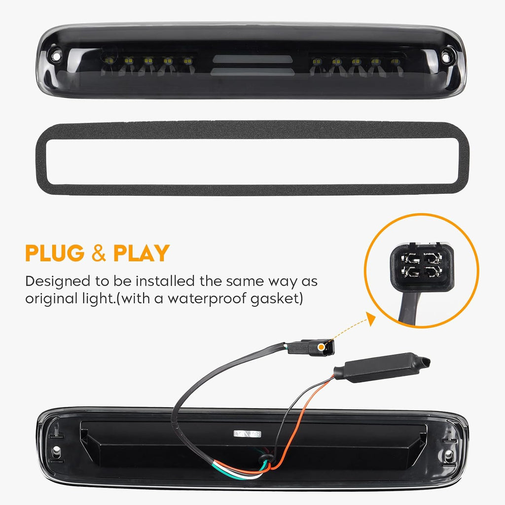 LED Tail Light + 3rd Third Brake Light Kit Fit for Chevy Silverado 1500 2500 2003-2006, for GMC Sierra 1500 2500 3500 2004-2006, for Silverado & Sierra Classic 2007, Black Housing Smoke Lens 3 Pcs
