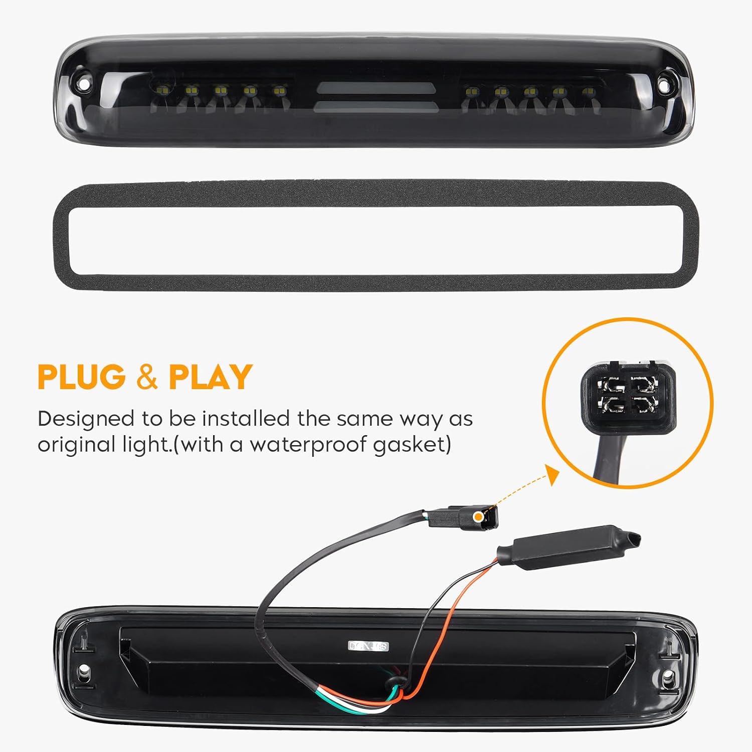 LED Tail Light + 3rd Third Brake Light Kit Fit for Chevy Silverado 1500 2500 2003-2006, for GMC Sierra 1500 2500 3500 2004-2006, for Silverado & Sierra Classic 2007, Black Housing Smoke Lens 3 Pcs
