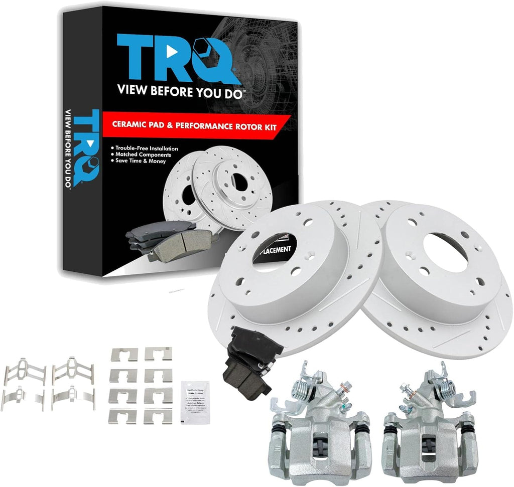 TRQ Performance Rear Brake Pad and Rotor Set Ceramic Solid G Coated Rotors Calipers Compatible with 1998-2002 Honda Accord