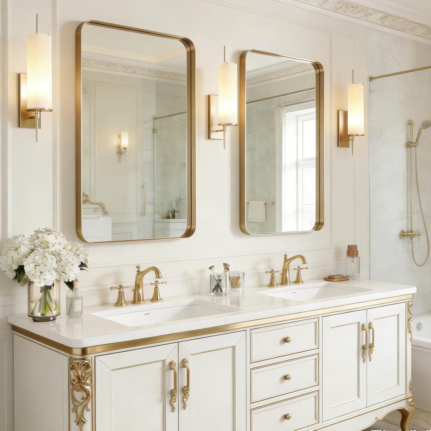 USHOWER Gold Bathroom Mirrors 24'x36' 2 Pack, Brushed Champagne Gold Rectangle Mirrors for Over Sink, Aluminum Frame, Anti-Rust, Tempered Glass, Horizontal or Vertical Mounted