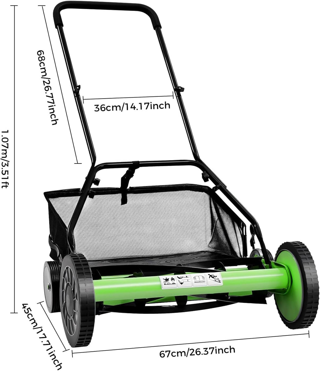 20' Push Reel Lawn Mower,5 Blades Cordless Manual Reel Lawn Mower, 1.3-2.5 Inch Adjustable Cutting Height, Manual Push Mower with Grass Catcher Bag