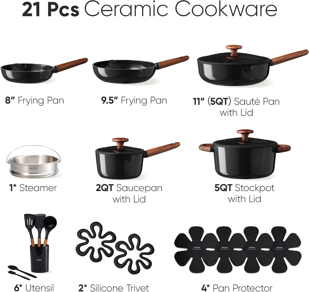 CAROTE 21pcs Cookware Set Nonstick Pots and Pans Set, Ceramic Cookware Set Induction Cookware, Non toxic Healthy Non Stick Kitchen Cooking Set, PFAS PTFE Free, Black