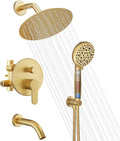 Brushed Gold Shower System with Tub Spout – 8-Inch Rain Shower Head & Filtered Handheld with 8 Spray Modes, Wall Mounted Bathroom Shower Combo Set