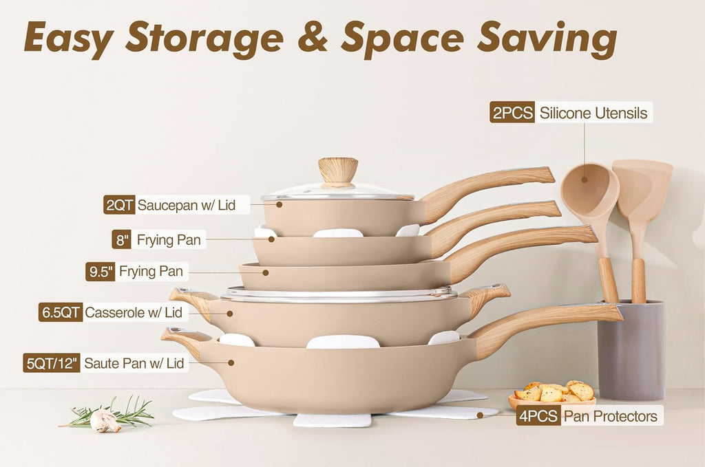 SENSARTE Nonstick Ceramic Cookware Set 14-Piece, Healthy Pots and Pans Set, Non-toxic Kitchen Cooking Set, Taupe