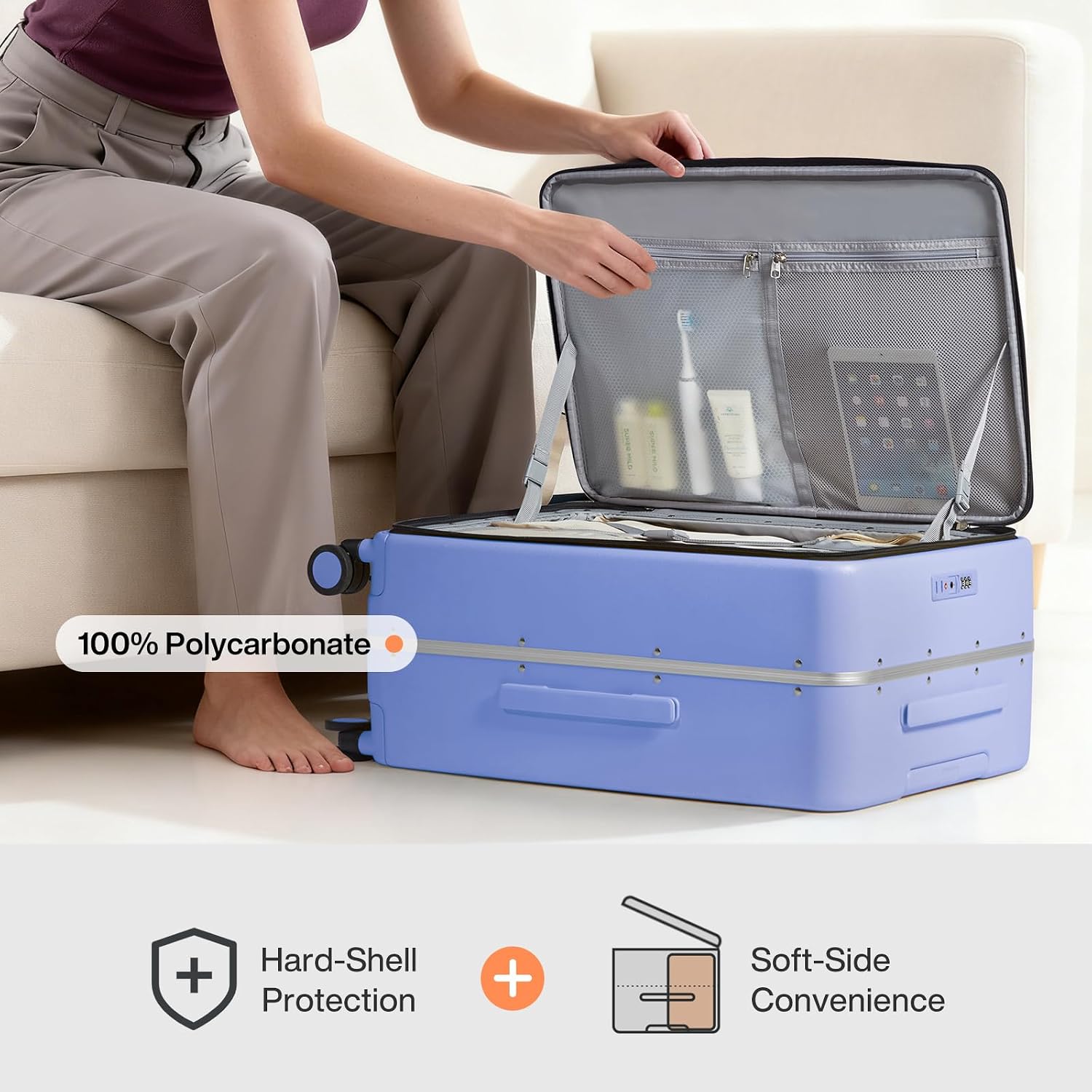 mixi 24 Inch Checked Luggage PC Hard Shell Suitcase Top Opening Aluminum Frame Travel Suitcases with Wheels, Lilac Purple