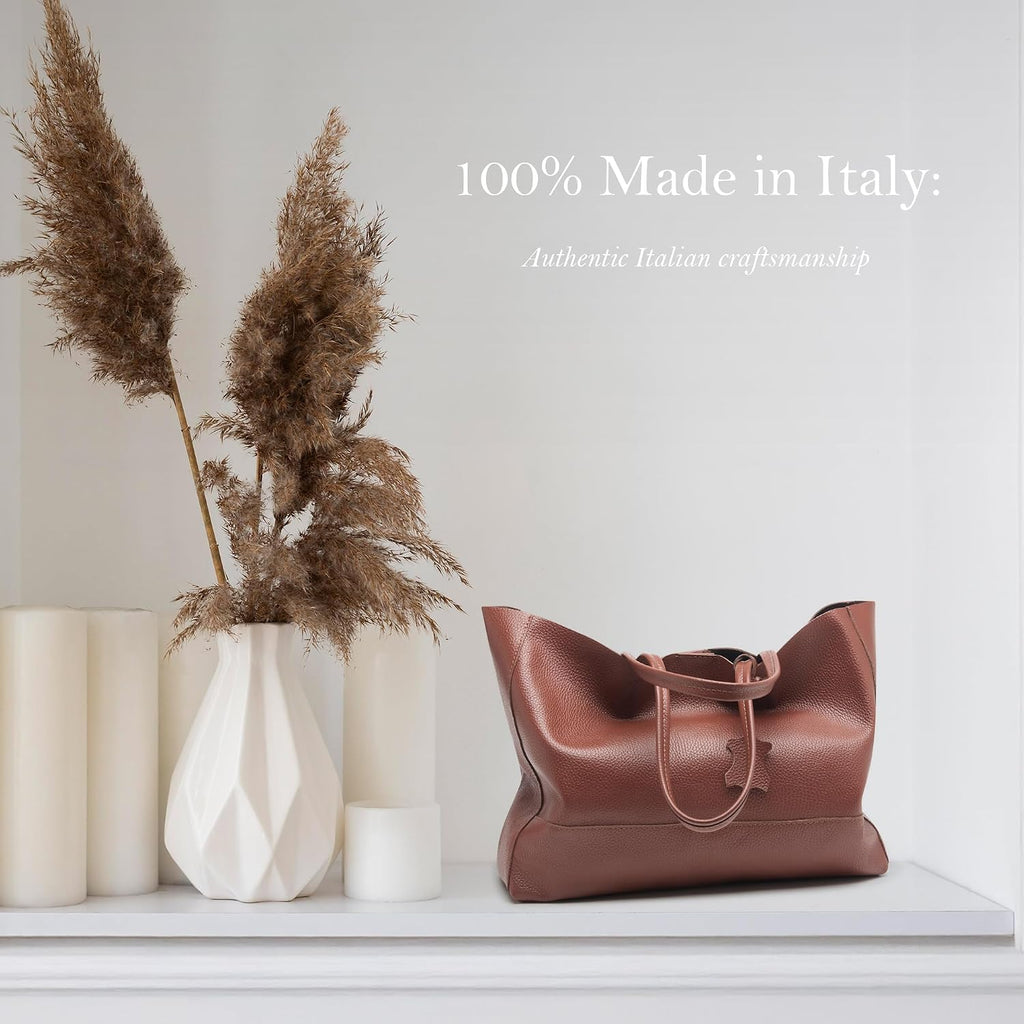 Italian Leather Tote Bag for Women - Large Shoulder Shopper, Fits 16' Laptop, Keychain Holder, Made in Italy