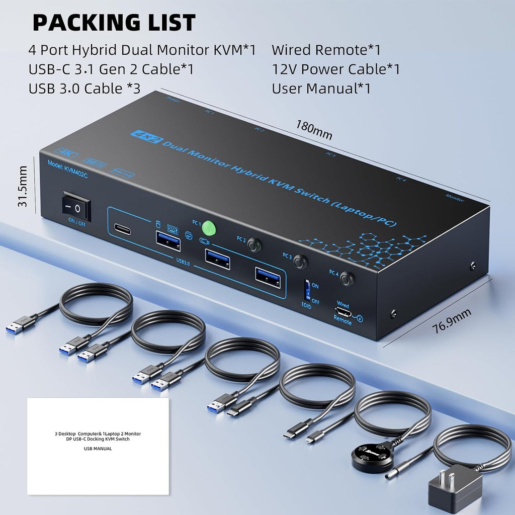 2 Monitors 4 Computers KVM Switch Laptop and Desktop 4 Port Hybrid USB-C Docking & Dual Displayport & DP HDMI & Dual HDMI 4K@60Hz KVM Switch with EDID Emulator, Support PD 100W Charging