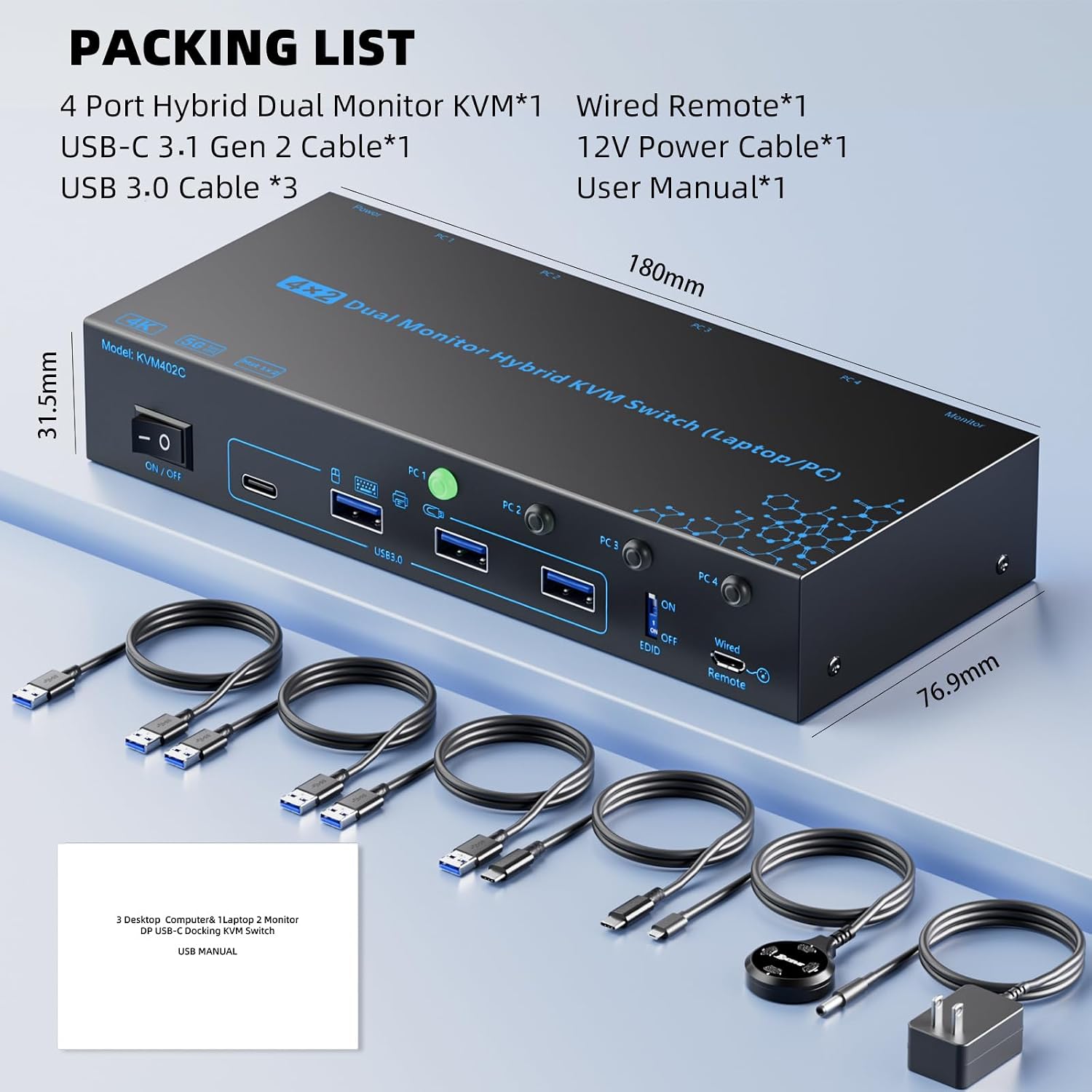 2 Monitors 4 Computers KVM Switch Laptop and Desktop 4 Port Hybrid USB-C Docking & Dual Displayport & DP HDMI & Dual HDMI 4K@60Hz KVM Switch with EDID Emulator, Support PD 100W Charging