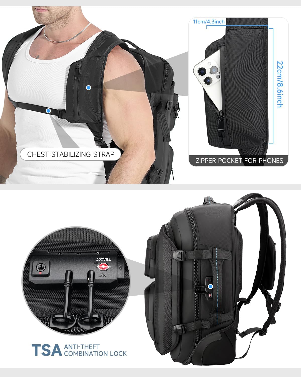 Carry on backpack with wheels, Rolling backpack with Dry-Wet Pocket, TSA Lock, Laptop Compartment, Water-Resistant for Men Women, Work, Air Travel（3-Piece Set-Includes Toiletry & Storage Bag）