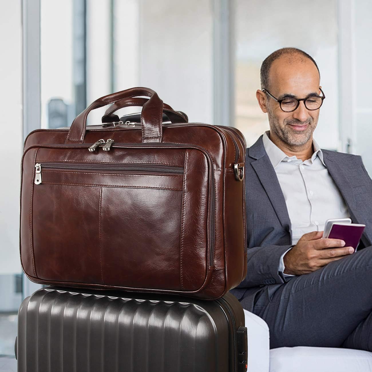 Augus Business Travel Briefcase Genuine Leather Duffel Bags for Men Laptop Bag fits 15.6 inches Laptop