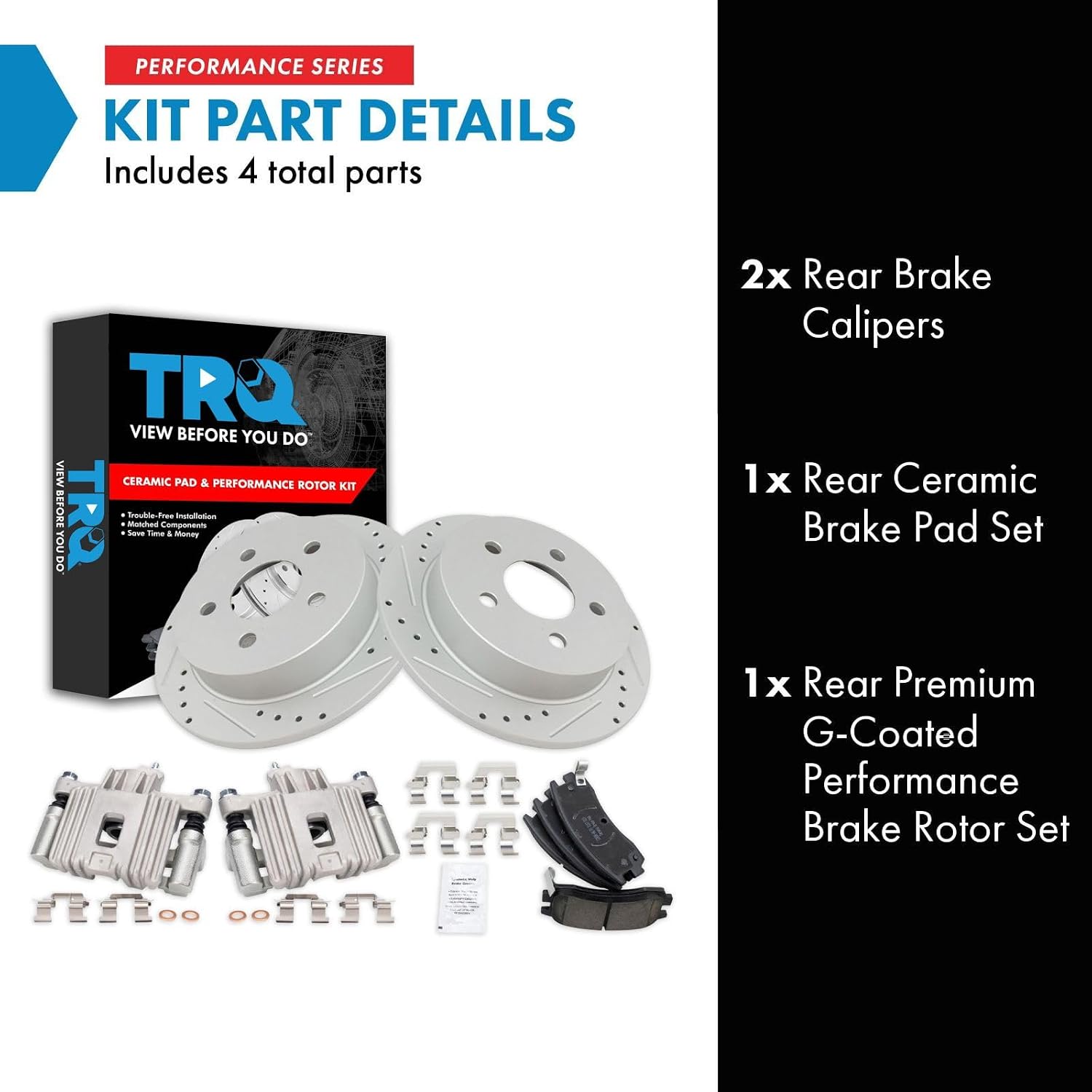 TRQ Performance Rear Brake Pad and Rotor Set Ceramic Solid Rotors Calipers Compatible with 1999-2004 Oldsmobile Alero 1999-2005 Pontiac Grand Am
