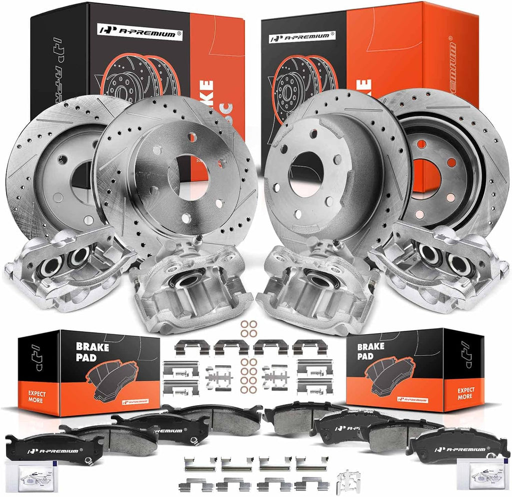 A-Premium Front and Rear Drilled and Slotted Disc Brake Kit with Calipers Compatible with Chevy Silverado 1500 00-02, Tahoe 00-01, Astro 03-05 & GMC Sierra 1500 00-02, Yukon 00-01, Safari 16-PC Set