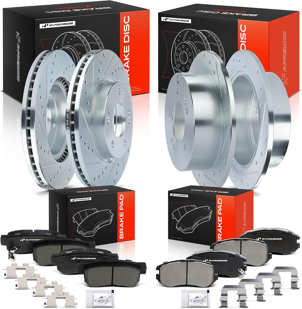A-Premium Front and Rear Drilled and Slotted Disc Brake Rotors + Ceramic Pads Kit Compatible with Select Hyundai and Kia Models - Sonata 05-08, Tucson 05-09, Magentis 06-09, Optima 06-10, Sportage