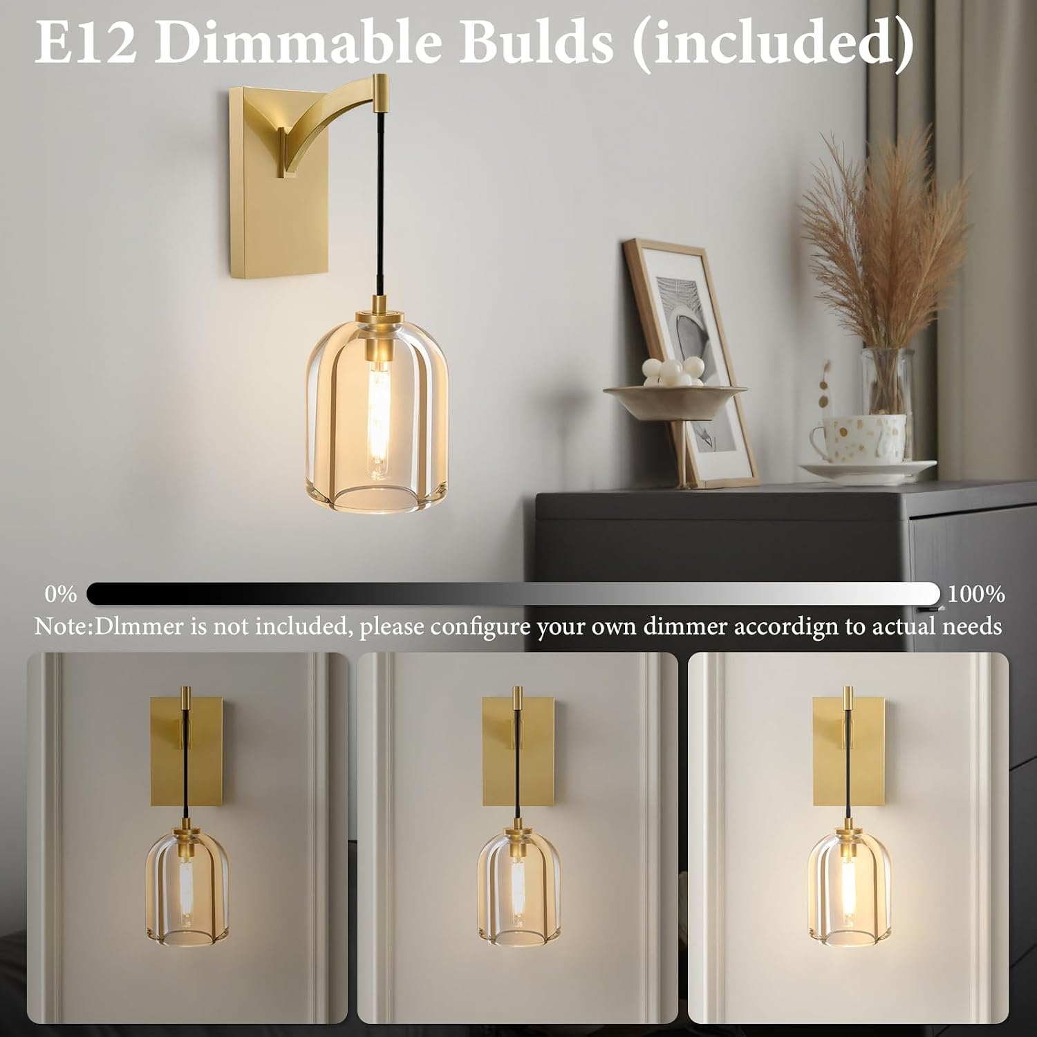 Crystal Brass Hemisphere Wall Sconce - Set of 2 Gold Brushed Dimmable Sconces with Bulbs - Luxury Indoor Lighting Fixture - Modern Hanging Light Decor for Bedroom Living Room Bathroom Vanity Hallway