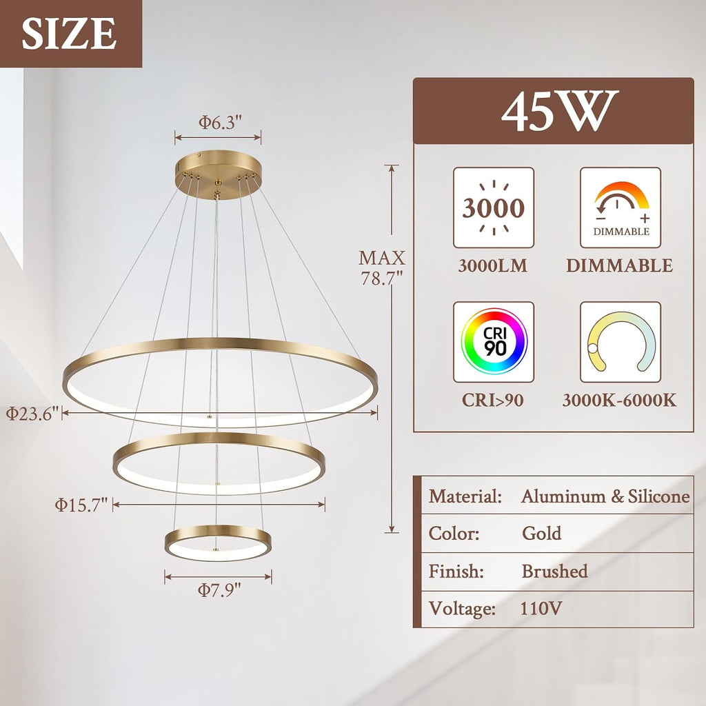 3 Ring Modern LED Chandelier Gold Dimmable Round Chandeliers, LED Circular Pendant Light Fixture with Remote Control for Living Room, Dining Room, Office, Entry, Bedroom