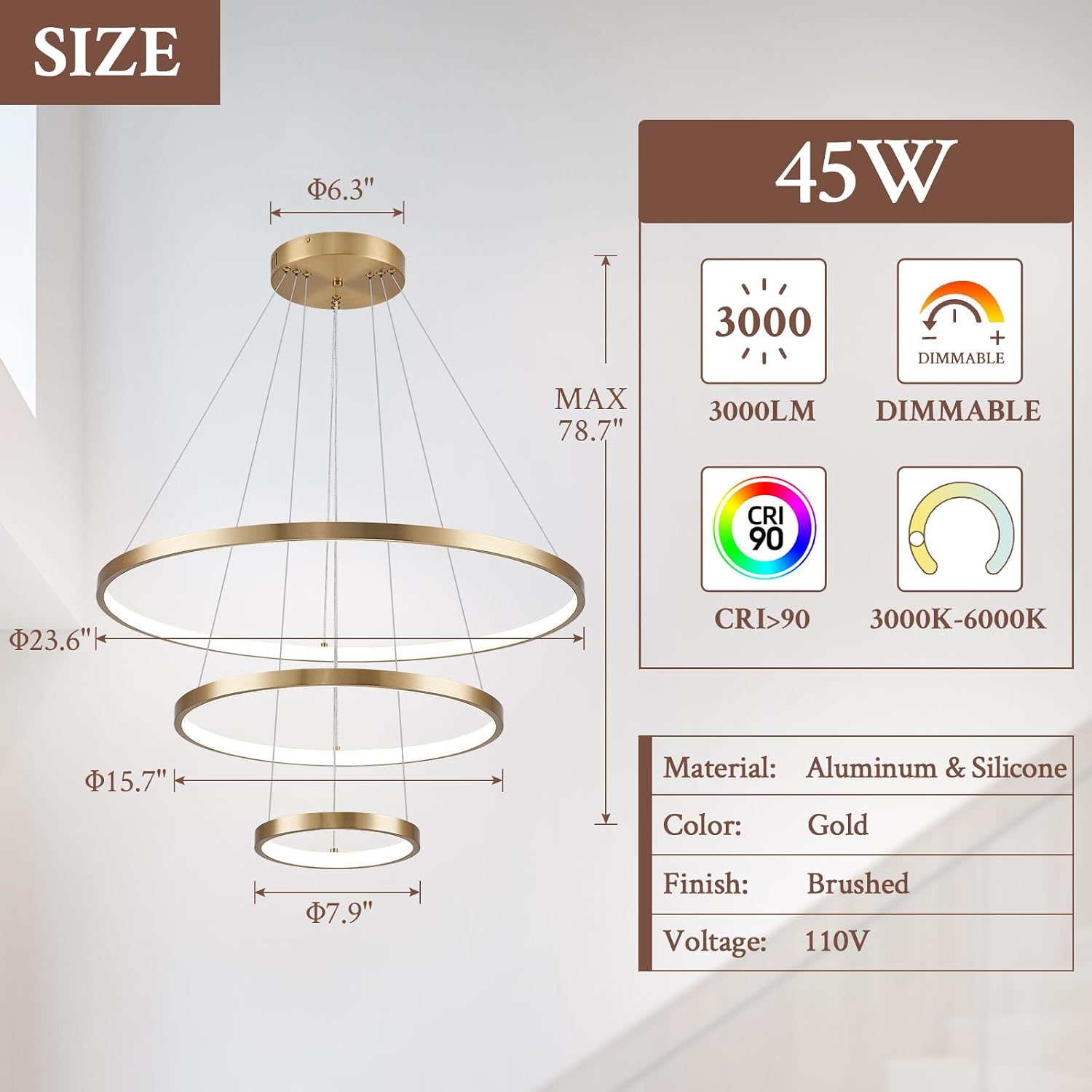 3 Ring Modern LED Chandelier Gold Dimmable Round Chandeliers, LED Circular Pendant Light Fixture with Remote Control for Living Room, Dining Room, Office, Entry, Bedroom