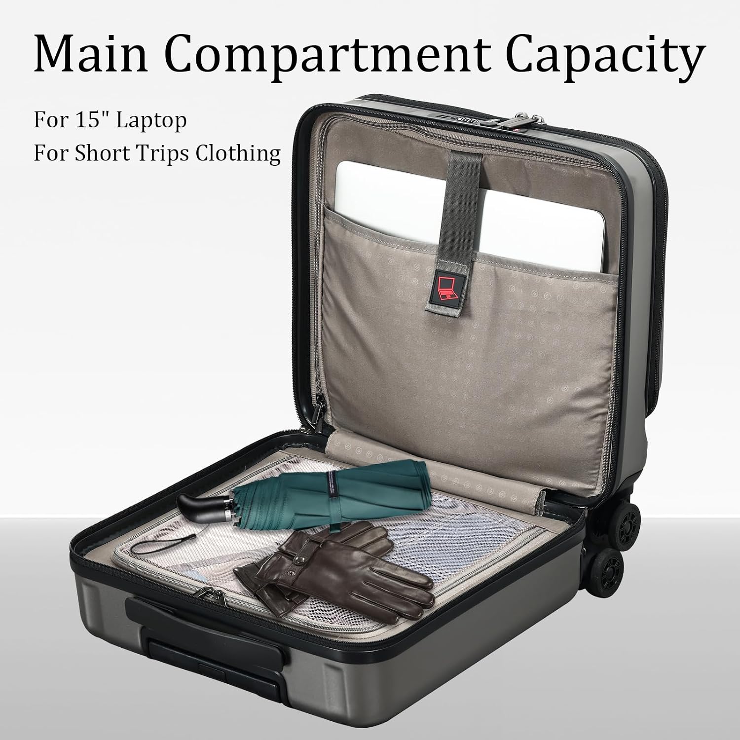 16 Inch Carry On Luggage with 2 Compartments for 14' & 15' Laptop, 16.14*8*17.12' Rolling Briefcase, Lightweight Hardshell ABS+PC Suitcase with Spinner Silent Wheels, for Business Trip, Dark Gray