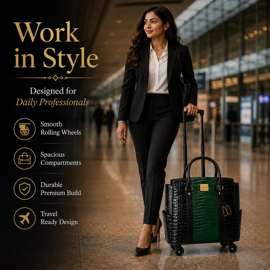 Rolling Laptop Bag for Women with Wheels & Handle Luxury Pure Leather Embossed Work Bag with Laptop Sleeve Travel Briefcase