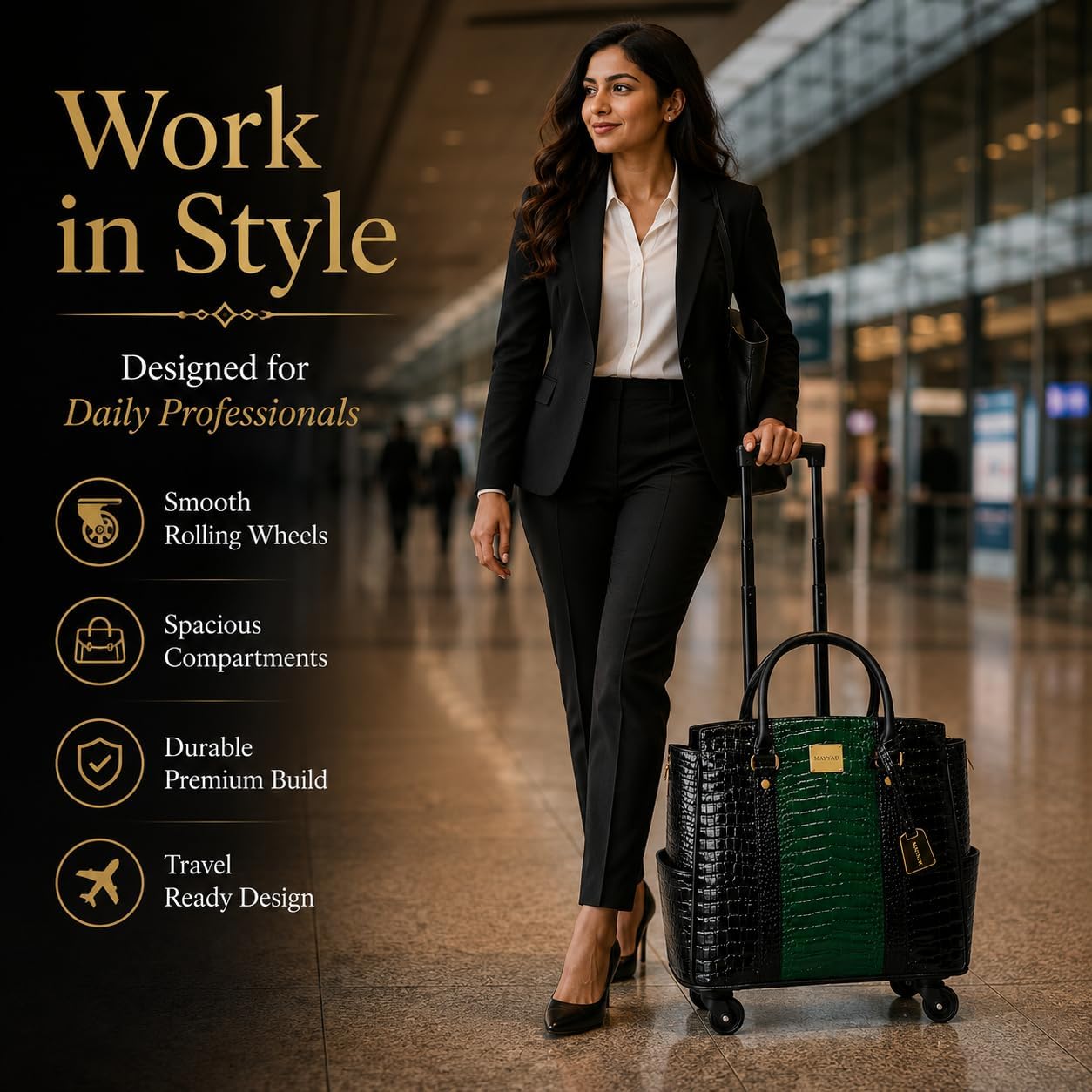 Rolling Laptop Bag for Women with Wheels & Handle Luxury Pure Leather Embossed Work Bag with Laptop Sleeve Travel Briefcase