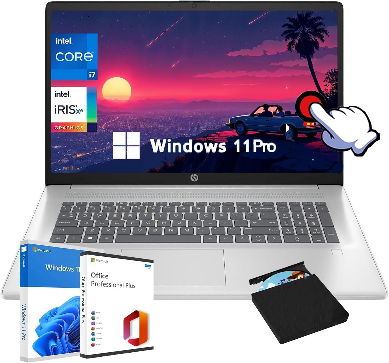HP 17.3' HD+ Touchscreen Laptop Computer - with Office Lifetime, Intel i7-1355U(10-Core), Intel Iris Xe, 32GB RAM, 1TB SSD, WiFi 6, HD Webcam, Fingerprint Reader, Win 11 Pro, External CD/DVD Drive