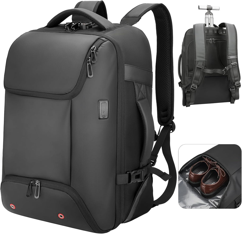 Carry On Backpack,17.3' Travel Backpack with Shoe Compartment,50L Wheeled Backpack Carry On Luggage,Laptop Compartment & USB Charging Port & TSA Approved Lock for Business,Black