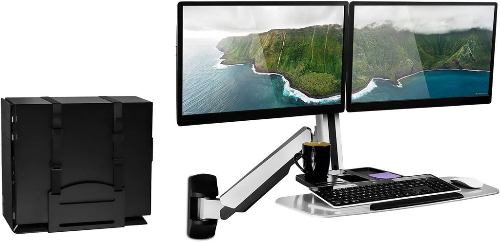 Mount-It! Dual Monitor Wall Mount Workstation with Keyboard Tray & CPU Holder, Sit-Stand Gas Spring Computer Station, Fits Two 27' Displays, 17.6 lbs Each, VESA 75x75 100x100