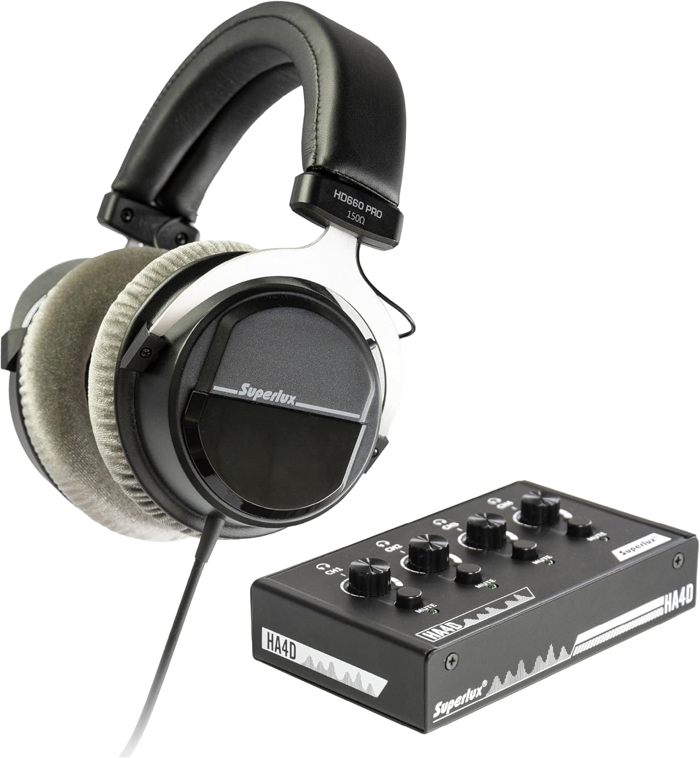 Superlux HD 660PRO, 150 ohms, Studio Recording Headphones Wired, Professional Closed-Back Headphones with HA4D 4-Channel Premium Headphone Amplifier