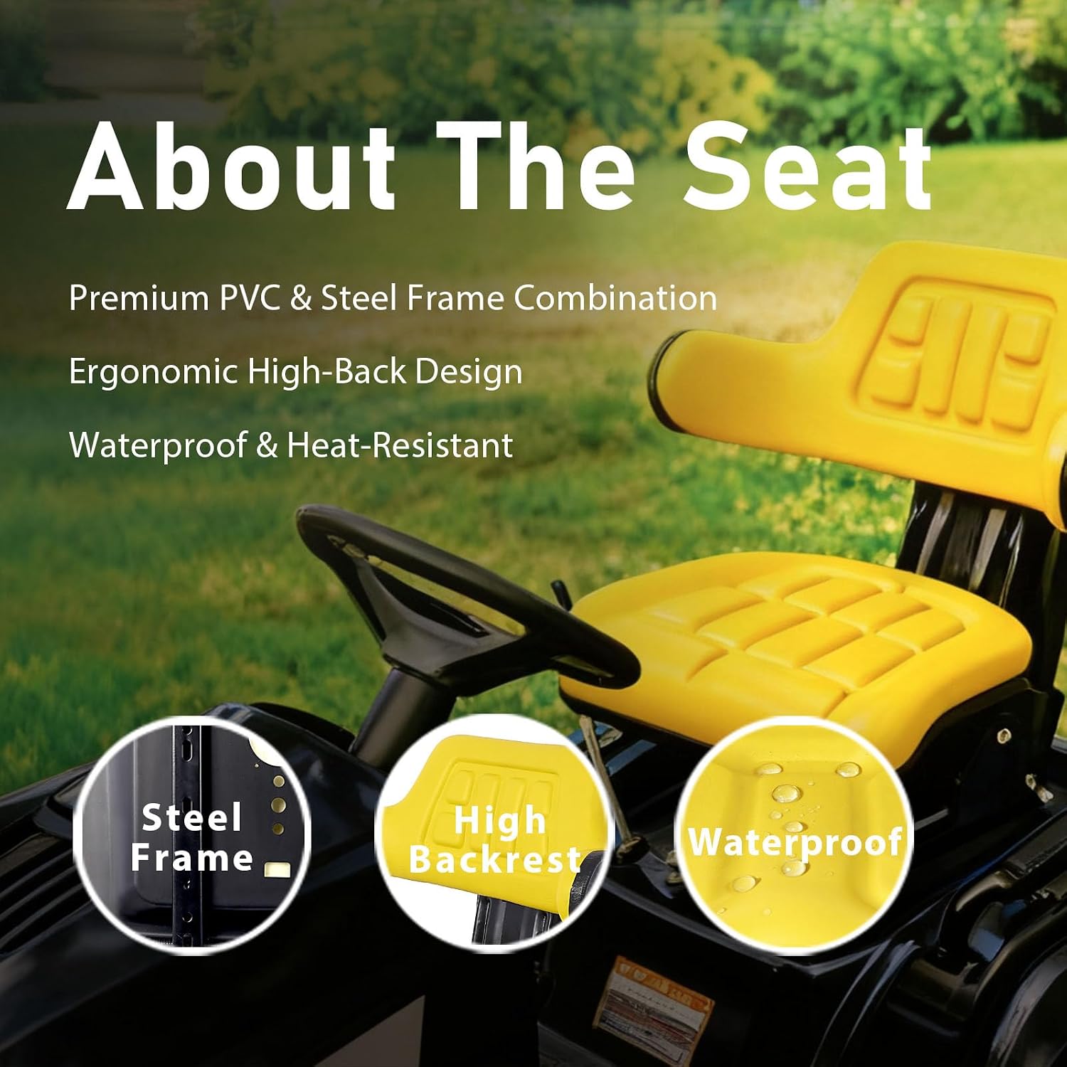 Universal Adjustable Ergonomics Tractor Seat with Heavy-Duty Padded Vinyl Cover, 110-265 LBS Weight Capacity, Heavy Duty Steel for Long-Lasting Comfort (Yellow)