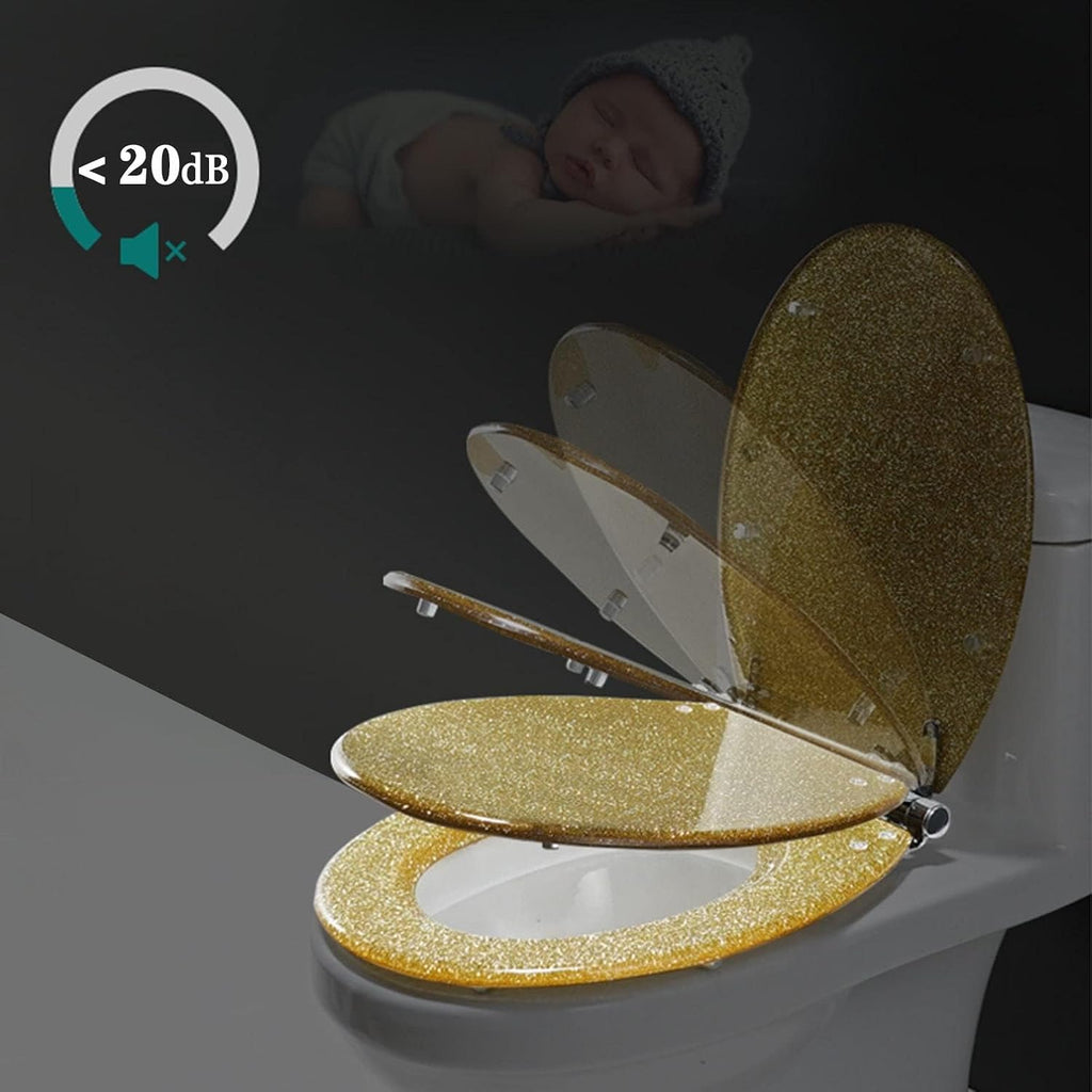 Glitter Toilet Seat Oval 36 * 42Cm， Resin Toilet Seat with Quietly Close and Quick Release Hinges， Top Fixing Easy to Install and Easy to Clean，Silver，Silver