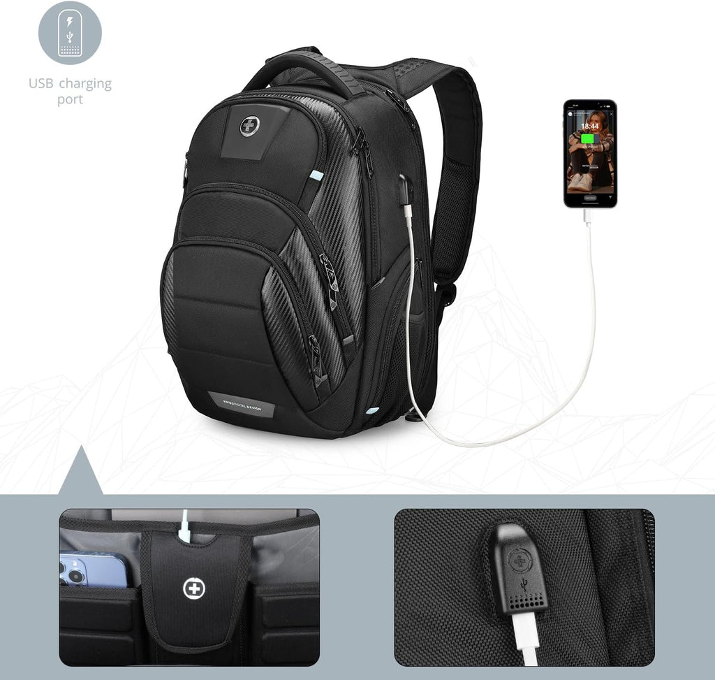 Swissdigital Design Men's 17 Inch Laptop Backpack with Apple Find My Network and USB Charging Port, Large Capacity Business Travel Backpack for College and Business Black | SD1643FB-01